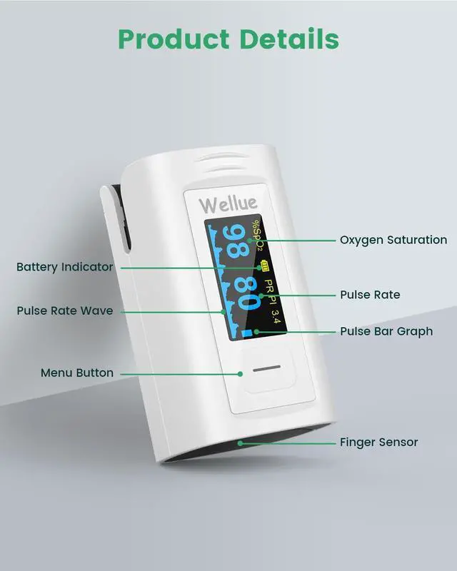 Alt view image 2 of 7 - Bluetooth Pulse Oximeter Fingertip, Blood Oxygen Saturation Monitor with Built-in Memory, OLED Screen, Batteries, Free APP, Carry Bag & Lanyard