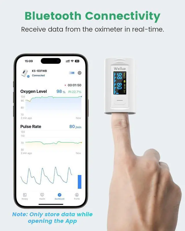 Alt view image 7 of 7 - Bluetooth Pulse Oximeter Fingertip, Blood Oxygen Saturation Monitor with Built-in Memory, OLED Screen, Batteries, Free APP, Carry Bag & Lanyard