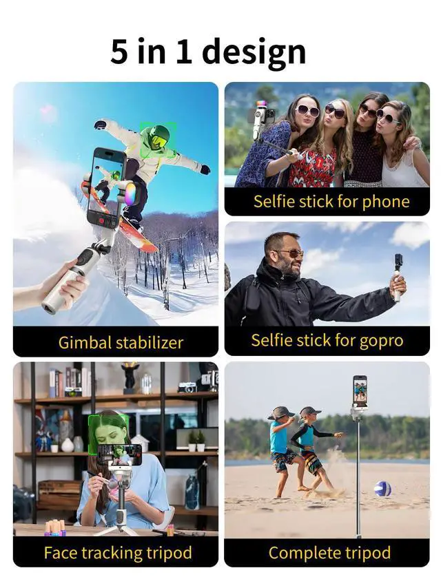 Alt view image 6 of 7 - Gimbal Stabilizer for iPhone, Sefie Stick Tripod with Auto Face Tracking for TIK Tok YouTube Video Recording, 4 in 1 Gimbal Stabilizer with 360° Rotation for iPhone/Andriod -M1 Pro White