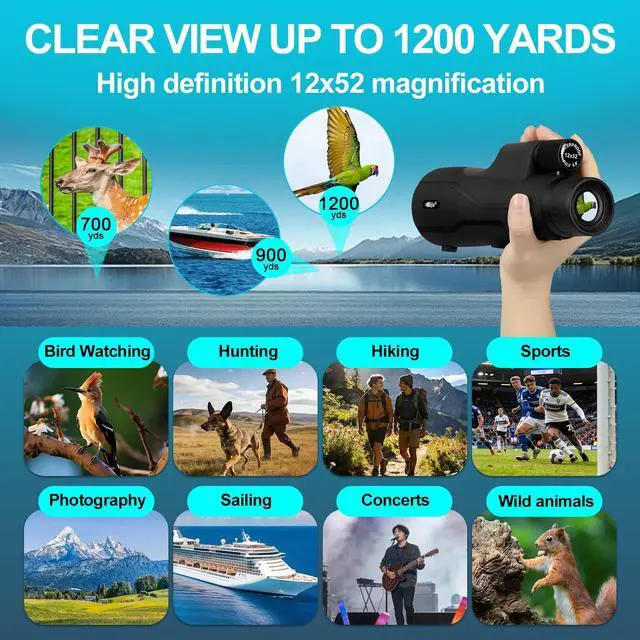 Alt view image 5 of 7 - 12x52 ED Monocular Telescope with Tripod & Phone Adapter BAK4 Prism, Fully Multi-Coated Lens, Waterproof High Power Scope for Bird Watching, Hunting & Travel