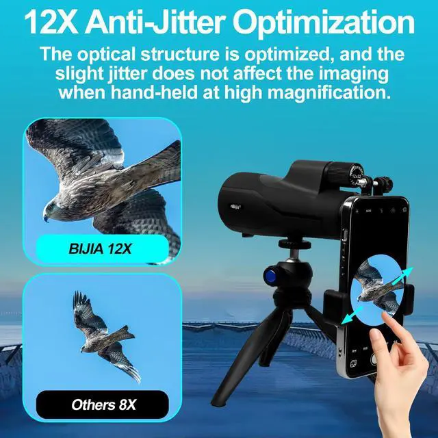 Alt view image 2 of 7 - 12x52 ED Monocular Telescope with Tripod & Phone Adapter BAK4 Prism, Fully Multi-Coated Lens, Waterproof High Power Scope for Bird Watching, Hunting & Travel