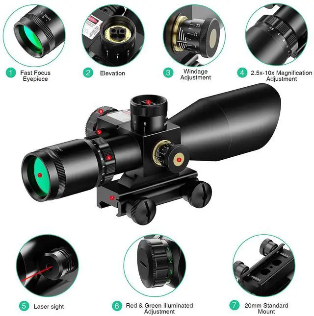Alt view image 2 of 5 - 2.5-10x40 Red Green Illuminated Mil-dot Scope with Red/Green Laser Combo - Green Lens Color & Mounts