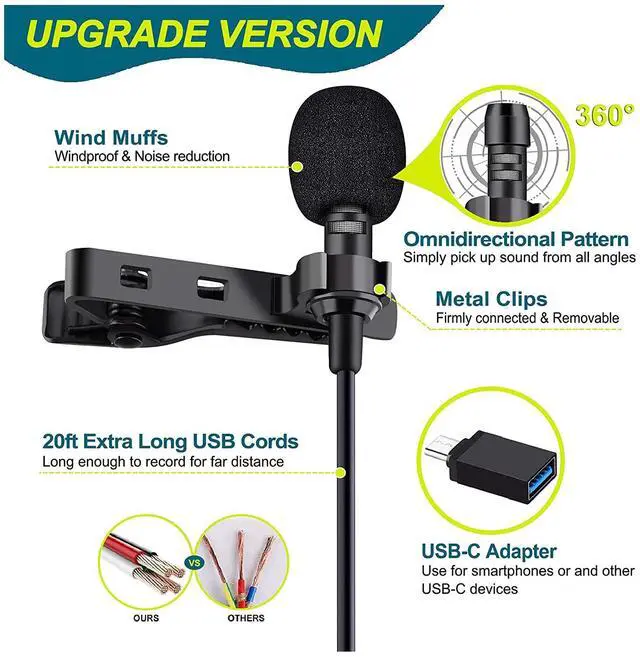 Alt view image 2 of 7 - USB Lavalier Microphone, Clip-on USB Computer Microphone Plug & Play Omnidirectional Mic for PC, Laptop, Mac, PS4. Smartphone Perfect for Video Recording