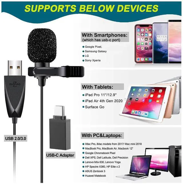 Alt view image 3 of 7 - USB Lavalier Microphone, Clip-on USB Computer Microphone Plug & Play Omnidirectional Mic for PC, Laptop, Mac, PS4. Smartphone Perfect for Video Recording