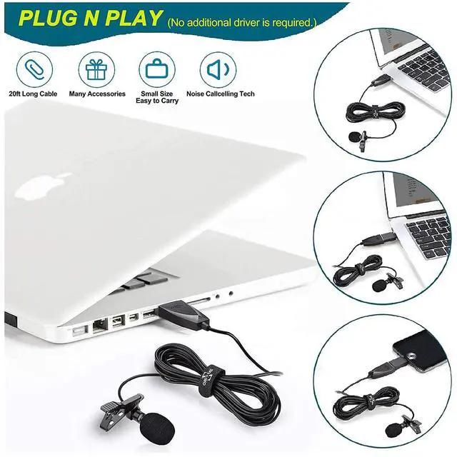Alt view image 4 of 7 - USB Lavalier Microphone, Clip-on USB Computer Microphone Plug & Play Omnidirectional Mic for PC, Laptop, Mac, PS4. Smartphone Perfect for Video Recording