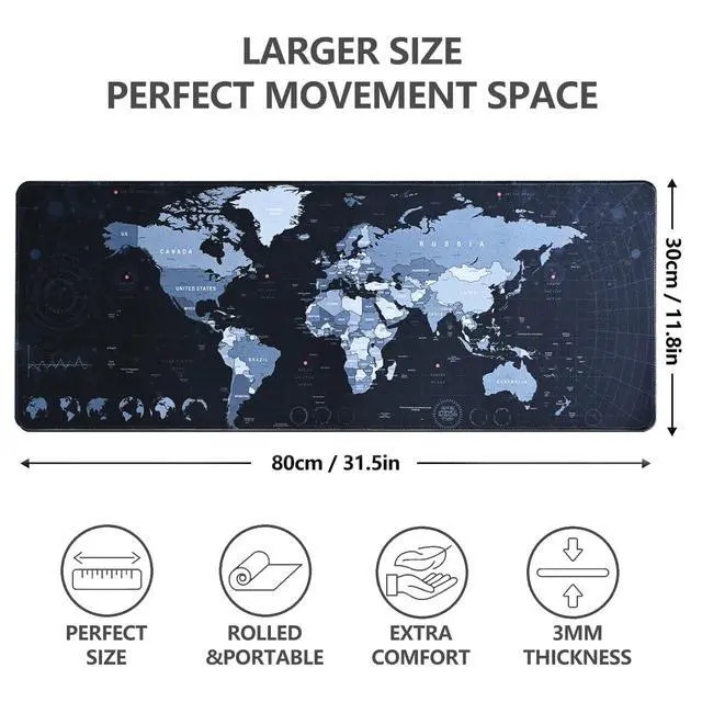 Alt view image 4 of 7 - Gaming Mouse Pad XL XXL With World Map (31.5 x 11.8in) - Desk Mat, Large Keyboard Mat 3MM Anti Slip and Waterproof Rubber (Black)