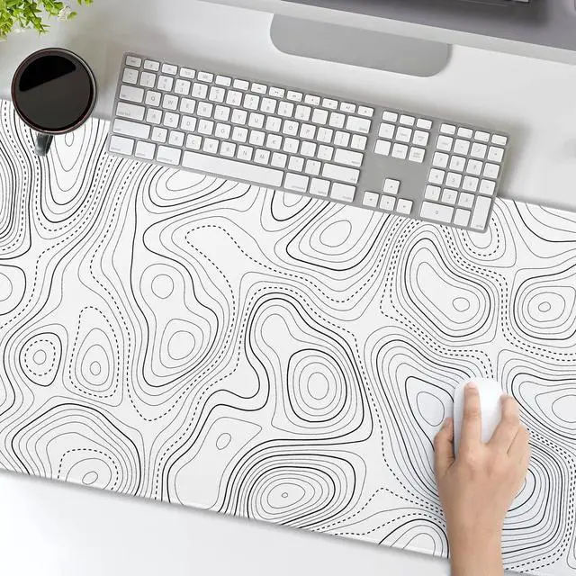 Alt view image 2 of 7 - Topographic Contour White Gaming Mouse Pad XL Geographic Map Lines Extended Large Desk Mat Big Mousepad Non-Slip Rubber Base Stitched Edge Long Playmat for Desktop Office PC,31.5x11.8 in