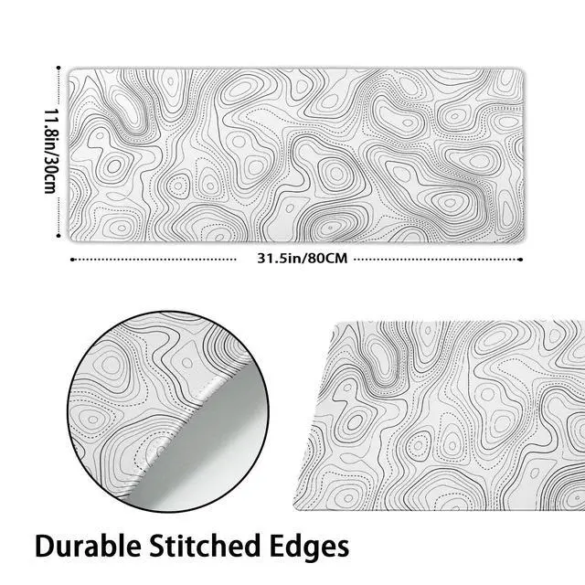 Alt view image 3 of 7 - Topographic Contour White Gaming Mouse Pad XL Geographic Map Lines Extended Large Desk Mat Big Mousepad Non-Slip Rubber Base Stitched Edge Long Playmat for Desktop Office PC,31.5x11.8 in