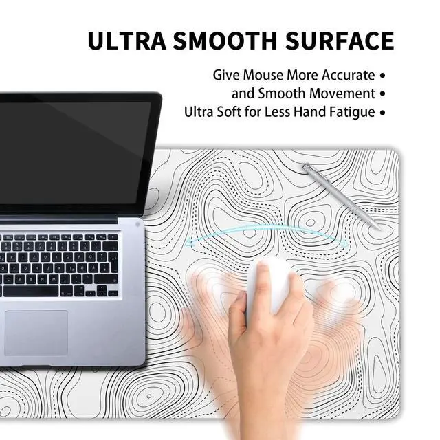 Alt view image 5 of 7 - Topographic Contour White Gaming Mouse Pad XL Geographic Map Lines Extended Large Desk Mat Big Mousepad Non-Slip Rubber Base Stitched Edge Long Playmat for Desktop Office PC,31.5x11.8 in