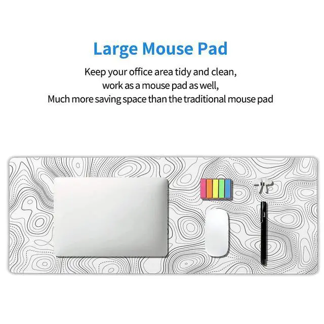 Alt view image 6 of 7 - Topographic Contour White Gaming Mouse Pad XL Geographic Map Lines Extended Large Desk Mat Big Mousepad Non-Slip Rubber Base Stitched Edge Long Playmat for Desktop Office PC,31.5x11.8 in