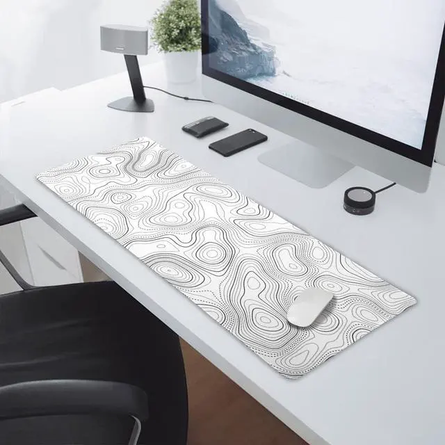 Alt view image 7 of 7 - Topographic Contour White Gaming Mouse Pad XL Geographic Map Lines Extended Large Desk Mat Big Mousepad Non-Slip Rubber Base Stitched Edge Long Playmat for Desktop Office PC,31.5x11.8 in