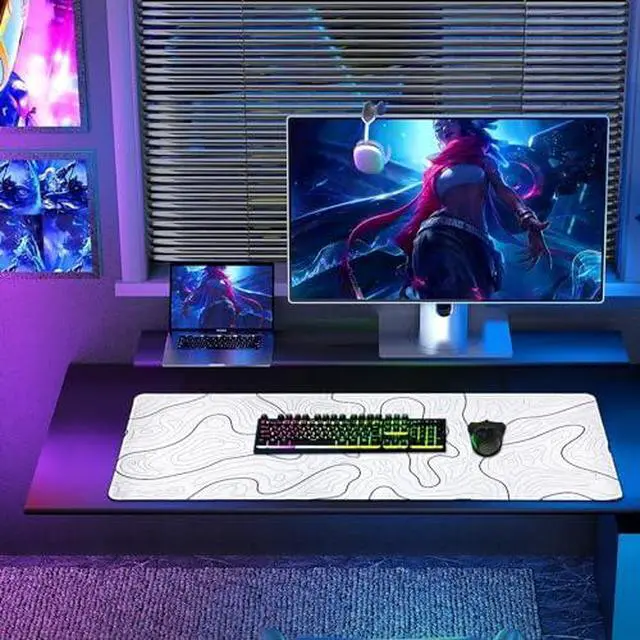Alt view image 3 of 7 - Large Gaming Mouse Pad for Desk, White Topographic Mouse Pad Desk Mat for Gaming Office, Long XL Mouse Pads Keyboard Pad Desk Pad for Computer Laptop 31.5''x11.8''