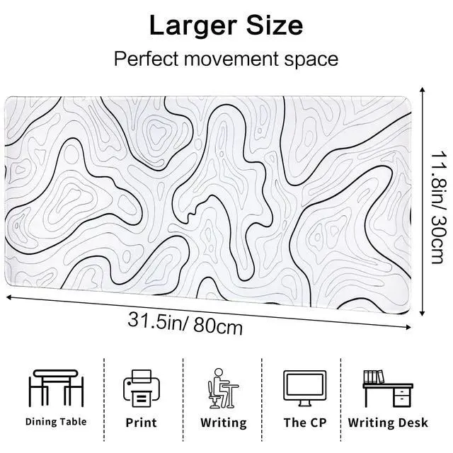 Alt view image 4 of 7 - Large Gaming Mouse Pad for Desk, White Topographic Mouse Pad Desk Mat for Gaming Office, Long XL Mouse Pads Keyboard Pad Desk Pad for Computer Laptop 31.5''x11.8''