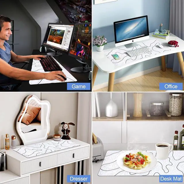 Alt view image 7 of 7 - Large Gaming Mouse Pad for Desk, White Topographic Mouse Pad Desk Mat for Gaming Office, Long XL Mouse Pads Keyboard Pad Desk Pad for Computer Laptop 31.5''x11.8''