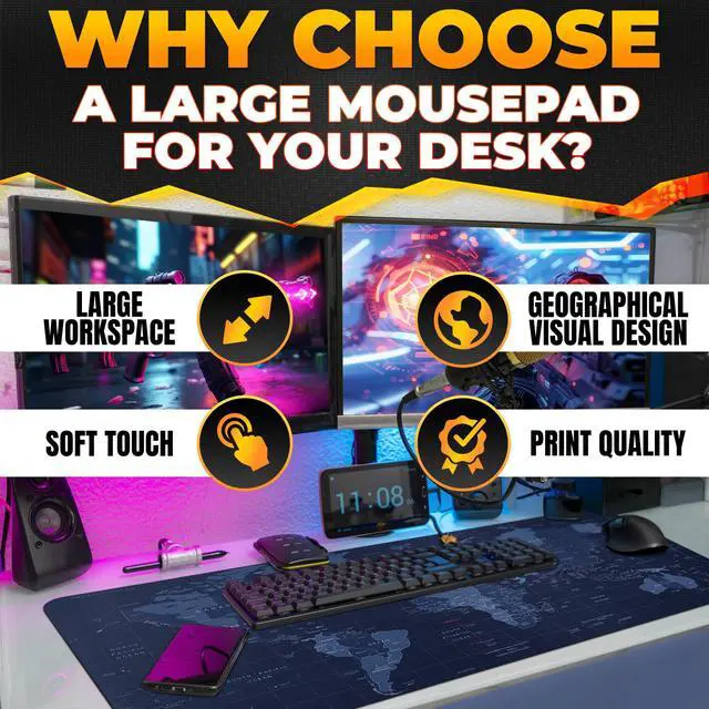 Alt view image 4 of 7 - World Map Mouse Pad Large 35x15.7 - Geographical Designed XL Gaming Mouse Pad Map with Soft & Water-Resistant Coating - Easy to Clean Large Mousepads for Desk, XL Mousepad Mat for Games & Work