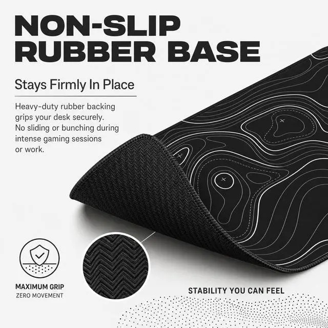 Alt view image 4 of 7 - Large Gaming Mouse Pad Black Topographic Contour Mouse Pad Extended XL Long Mousepad Big Desk Mat with Stitched Edges & Nonslip Rubber Base for Company Office Work, 31.5 X 11.8 Inch