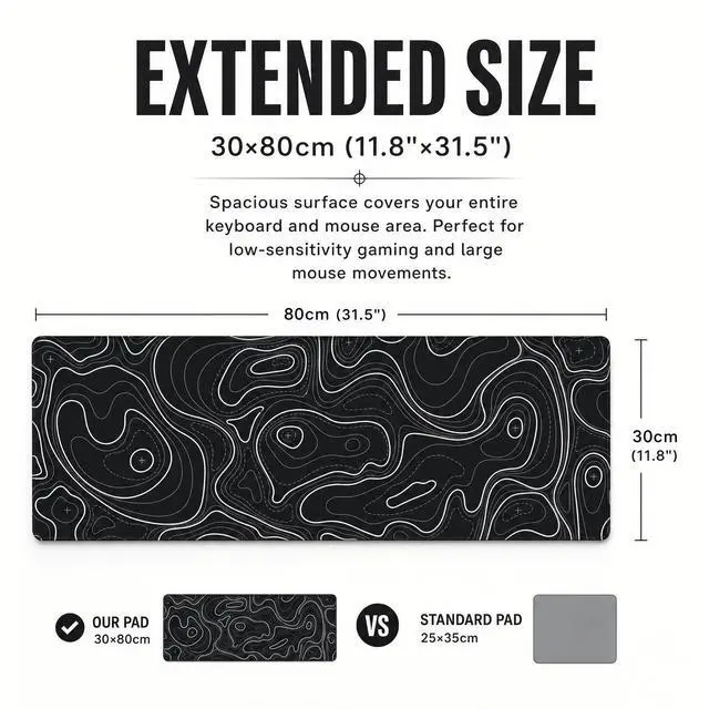 Alt view image 2 of 7 - Large Gaming Mouse Pad Black Topographic Contour Mouse Pad Extended XL Long Mousepad Big Desk Mat with Stitched Edges & Nonslip Rubber Base for Company Office Work, 31.5 X 11.8 Inch