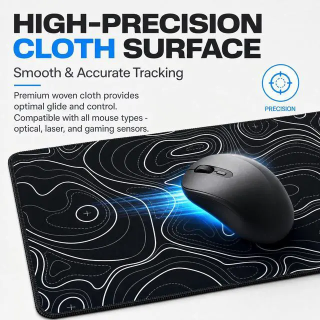 Alt view image 6 of 7 - Large Gaming Mouse Pad Black Topographic Contour Mouse Pad Extended XL Long Mousepad Big Desk Mat with Stitched Edges & Nonslip Rubber Base for Company Office Work, 31.5 X 11.8 Inch