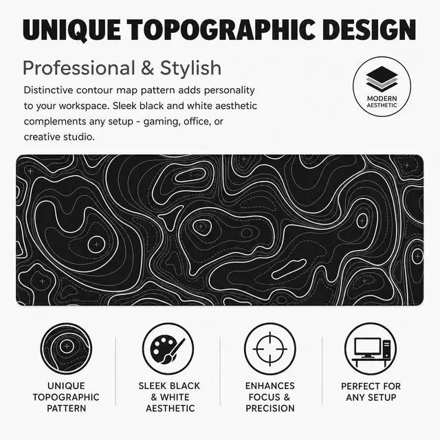 Alt view image 7 of 7 - Large Gaming Mouse Pad Black Topographic Contour Mouse Pad Extended XL Long Mousepad Big Desk Mat with Stitched Edges & Nonslip Rubber Base for Company Office Work, 31.5 X 11.8 Inch