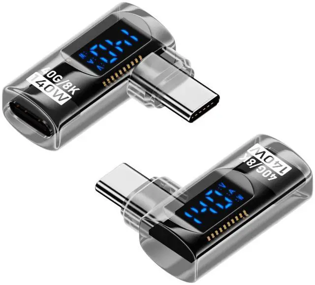 Main image of 2 Pack 90 Degree USB C Adapter with Digital Display, 140W Right Angle USB-C Male to Female Connector for iPhone 16/15 Series, MacBook, Support Voltage, Current and Power Smart LED Display