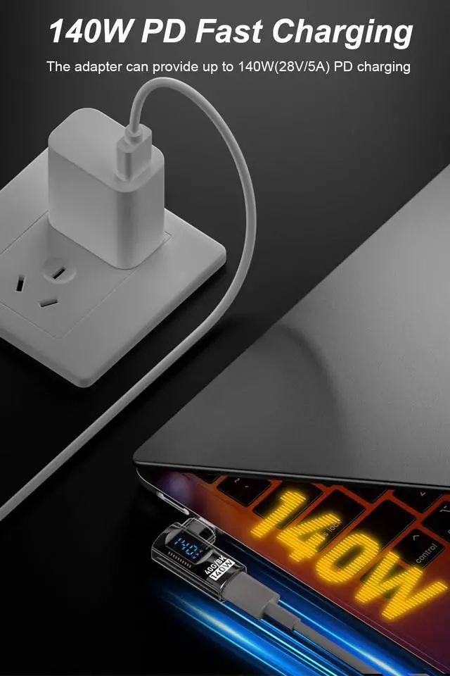Alt view image 3 of 5 - 2 Pack 90 Degree USB C Adapter with Digital Display, 140W Right Angle USB-C Male to Female Connector for iPhone 16/15 Series, MacBook, Support Voltage, Current and Power Smart LED Display