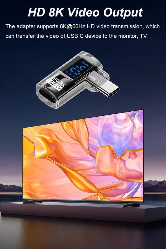 Alt view image 5 of 5 - 2 Pack 90 Degree USB C Adapter with Digital Display, 140W Right Angle USB-C Male to Female Connector for iPhone 16/15 Series, MacBook, Support Voltage, Current and Power Smart LED Display