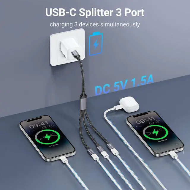 Alt view image 5 of 7 - USB C Splitter 1 in 3 Out, USB Type C Splitter, USBC Male to Multi Type C Female Port Power Charging and Data Transfer Cable for Laptop Mac Flash Drive Keyboard Mouse