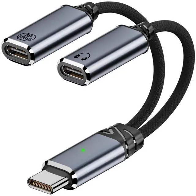 Main image of USB C Splitter, Dual USB C Headphone and Charger Adapter Audio Dongle Cable with PD 100W Fast Charging for iPhone 16/15 Series, iPad, Galaxy and More - Grey (No for Power and Video Output)