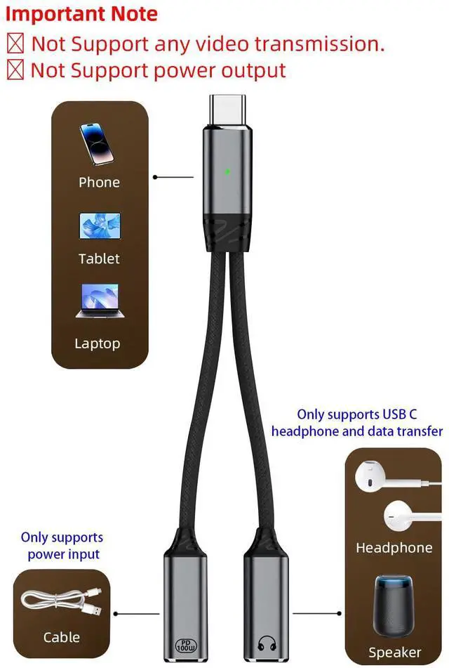 Alt view image 2 of 6 - USB C Splitter, Dual USB C Headphone and Charger Adapter Audio Dongle Cable with PD 100W Fast Charging for iPhone 16/15 Series, iPad, Galaxy and More - Grey (No for Power and Video Output)