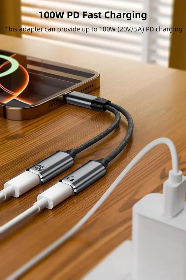 Alt view image 4 of 6 - USB C Splitter, Dual USB C Headphone and Charger Adapter Audio Dongle Cable with PD 100W Fast Charging for iPhone 16/15 Series, iPad, Galaxy and More - Grey (No for Power and Video Output)