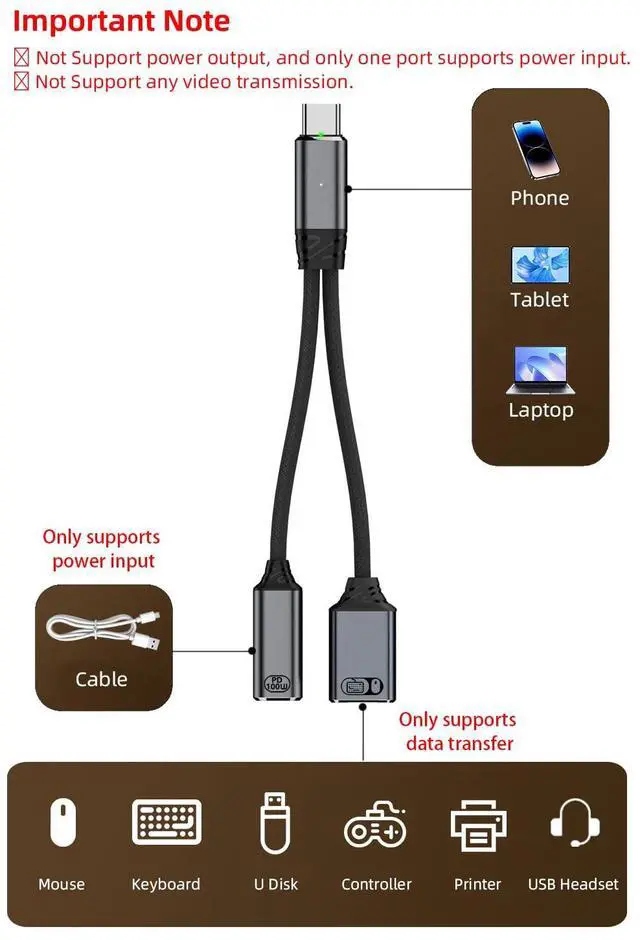 Alt view image 2 of 6 - USB C to USB OTG Cable and Charger Adapter, 2-in-1 USB-C Splitter with 100W Fast Charging for iPhone 16/15 Series, iPad, MacBook, Galaxy S24/S23 and More-Grey (No for Power and Video Output)