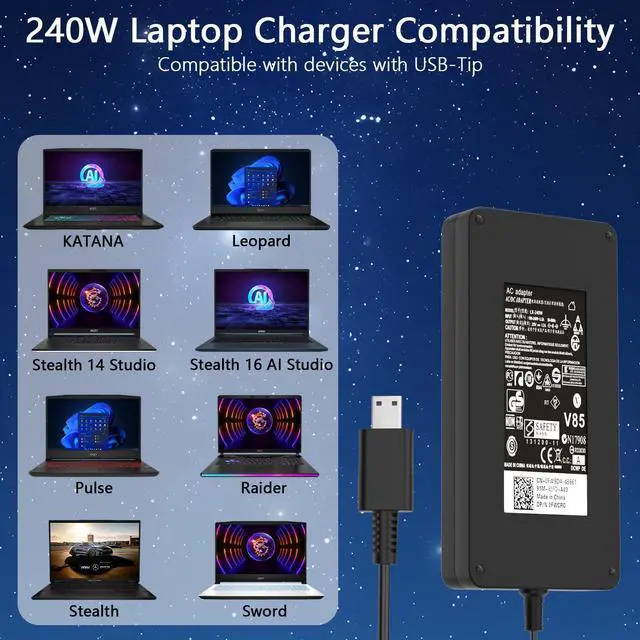 Alt view image 5 of 7 - 240W USB Tip Laptop Charger Compatible with MSI GE76 GE66 GP76 GP66 GS77 Stealth 17 16 14 AI Studio Raider Leopard Creator Z17 Z16 X17 A20-240P2A A240A007P AC Adapter Power Supply Cord