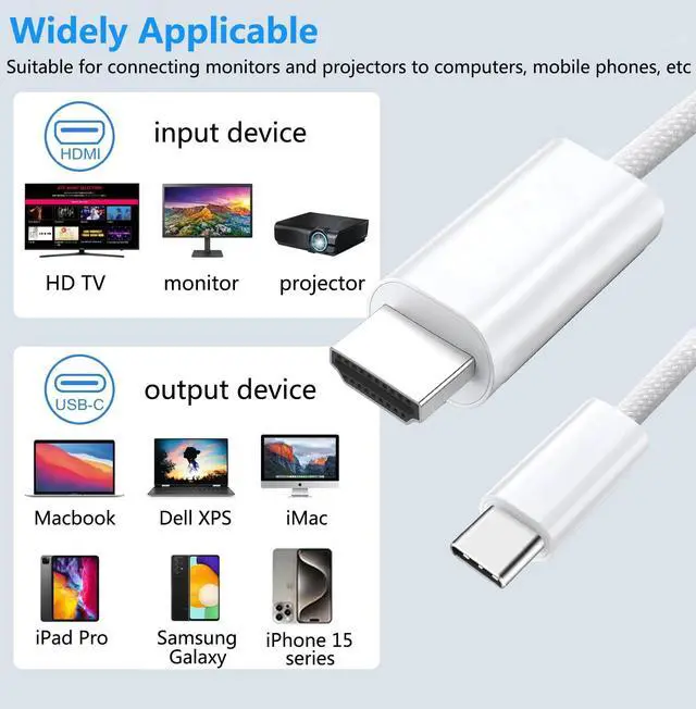 Alt view image 4 of 7 - 4K@60Hz USB C to HDMI Cable 6FT, 1080P High-Speed Type C to HDTV Adapter, Compatible with Thunderbolt 4/3, iPhone 15/ Pro, Pad, MacBook/Pro, Galaxy S8-S23, White