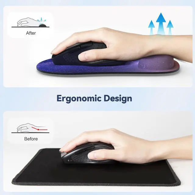Alt view image 2 of 4 - Mouse Pad with Wrist Support, Ergonomic Gaming Mouse Pad Pain Relief, Portable Comfortable Mousepad for Computer, Laptop, Office, Home - Non-Slip Base, Waterproof Surface - Dark Purple Galaxy