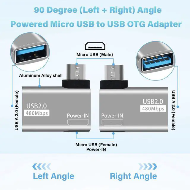 Alt view image 2 of 5 - 2 Pack OTG Cable Adapter for Fire TV Stick,90 Degree Left & Right Angle Powered Micro USB to USB OTG Adapter for Android Phone Tablet and More Host Devices with Micro USB (with 2 USB A to Micro Cable)