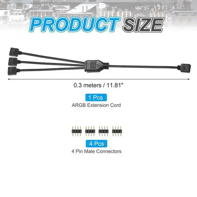 Alt view image 2 of 5 - RGB Splitter Cable, 12V 12" 4 Pin 1 to 3 Female to Female RGB Adapter Cable with 4 Pin Male Connectors for PC Computer ARGB Fan/LED Lights, Black