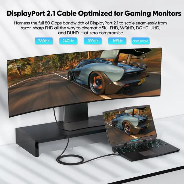Alt view image 2 of 7 - DisplayPort 2.1 Cable 6 ft, 80Gbps DP up to 16K@60Hz, 8K@120Hz, 4K@240Hz, 2K@300Hz, 1080P@360Hz Display Port Cord for Gaming Desktop Laptop RTX 5050-5090 RX 9060/70 XT Graphics Card Dock to Monitor