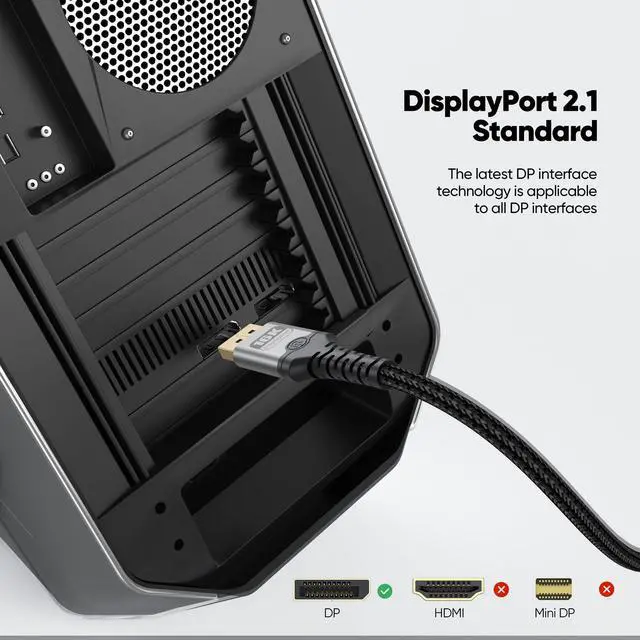 Alt view image 6 of 7 - DisplayPort 2.1 Cable 6 ft, 80Gbps DP up to 16K@60Hz, 8K@120Hz, 4K@240Hz, 2K@300Hz, 1080P@360Hz Display Port Cord for Gaming Desktop Laptop RTX 5050-5090 RX 9060/70 XT Graphics Card Dock to Monitor