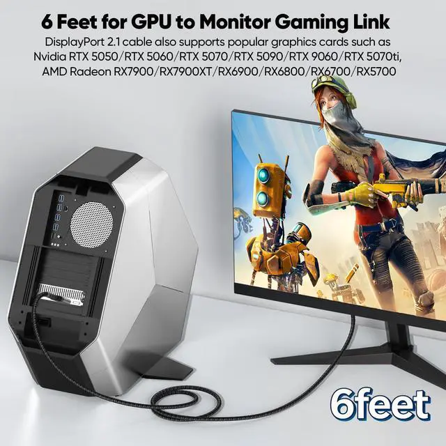Alt view image 3 of 7 - DisplayPort 2.1 Cable 6 ft, 80Gbps DP up to 16K@60Hz, 8K@120Hz, 4K@240Hz, 2K@300Hz, 1080P@360Hz Display Port Cord for Gaming Desktop Laptop RTX 5050-5090 RX 9060/70 XT Graphics Card Dock to Monitor