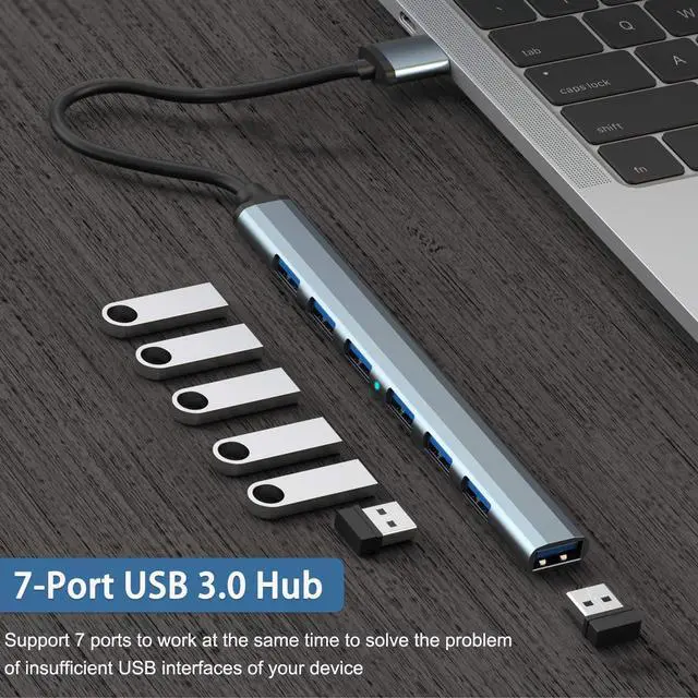 Alt view image 2 of 6 - 7 Port USB 3.0 Hub, Aluminium USB Splitter & Extender for Laptop, PC, iMac, USB Flash Drives, Mobile HDD, Printer, Camera & More