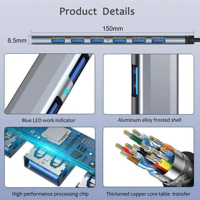 Alt view image 5 of 6 - 7 Port USB 3.0 Hub, Aluminium USB Splitter & Extender for Laptop, PC, iMac, USB Flash Drives, Mobile HDD, Printer, Camera & More