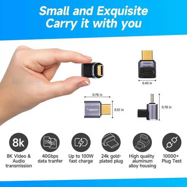 Alt view image 2 of 6 - 90 Degree Right Angle USB C Adapter (2 Pack), USB Type-C Male to Female Extender Connector, 40Gbps, 8K@60Hz Compatible with MacBook Pro/Air, iPhone 15/15 Pro Max, iPad Pro, Tablet, Phone, More