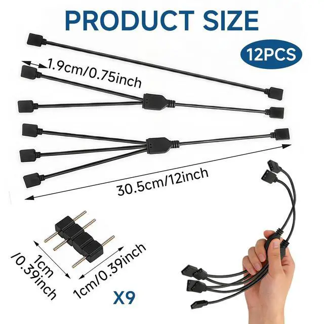 Alt view image 2 of 7 - 3 Pack ARGB Extension Cables 5V 3-Pin Addressable RGB Female-to-Female, 1-to-1/2/3 Connector, 30cm / 11.8in, Easy Install for PC Fans, LED Strips, Motherboard Expansion
