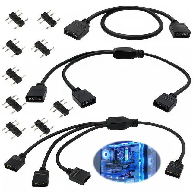 Main image of 3 Pack ARGB Extension Cables 5V 3-Pin Addressable RGB Female-to-Female, 1-to-1/2/3 Connector, 30cm / 11.8in, Easy Install for PC Fans, LED Strips, Motherboard Expansion