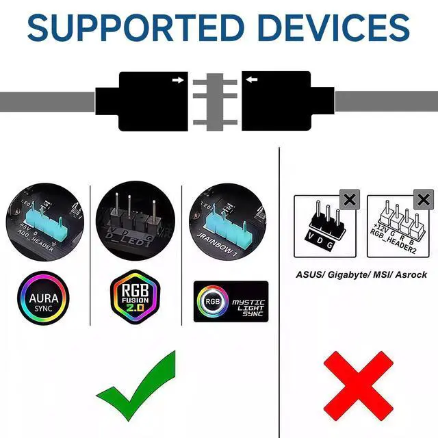 Alt view image 4 of 7 - 3 Pack ARGB Extension Cables 5V 3-Pin Addressable RGB Female-to-Female, 1-to-1/2/3 Connector, 30cm / 11.8in, Easy Install for PC Fans, LED Strips, Motherboard Expansion