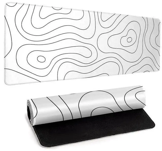 Alt view image 3 of 7 - White Large Gaming Mouse Pad Desk Pad Topographic Map Big Keyboard Mat 31.5x11.8inch Computer Mousepad with Stitched Edge Non-Slip Rubber Base