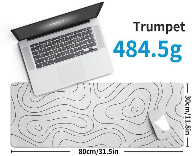 Alt view image 5 of 7 - White Large Gaming Mouse Pad Desk Pad Topographic Map Big Keyboard Mat 31.5x11.8inch Computer Mousepad with Stitched Edge Non-Slip Rubber Base
