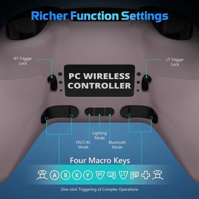 Alt view image 5 of 7 - Wireless PC Controller with Hall Effect Joysticks & Triggers, 1000Hz Polling Rate, Trigger Locks, Bluetooth Pro Gaming Controller for PC/Steam/Luna/Tesla - 4 Macros and Turbo, Dynamic RGB, Pink