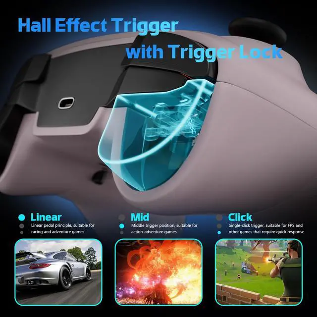 Alt view image 4 of 7 - Wireless PC Controller with Hall Effect Joysticks & Triggers, 1000Hz Polling Rate, Trigger Locks, Bluetooth Pro Gaming Controller for PC/Steam/Luna/Tesla - 4 Macros and Turbo, Dynamic RGB, Pink