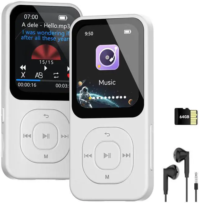 Main image of 64GB MP3 Player with Bluetooth 5.3, 30 Hrs Playtime, HD Screen Portable Music Player for Sports, Built-in Speaker, FM Radio, Voice Recorder, E-Book, Sleep Timer, Expandable Up to 256GB (White)